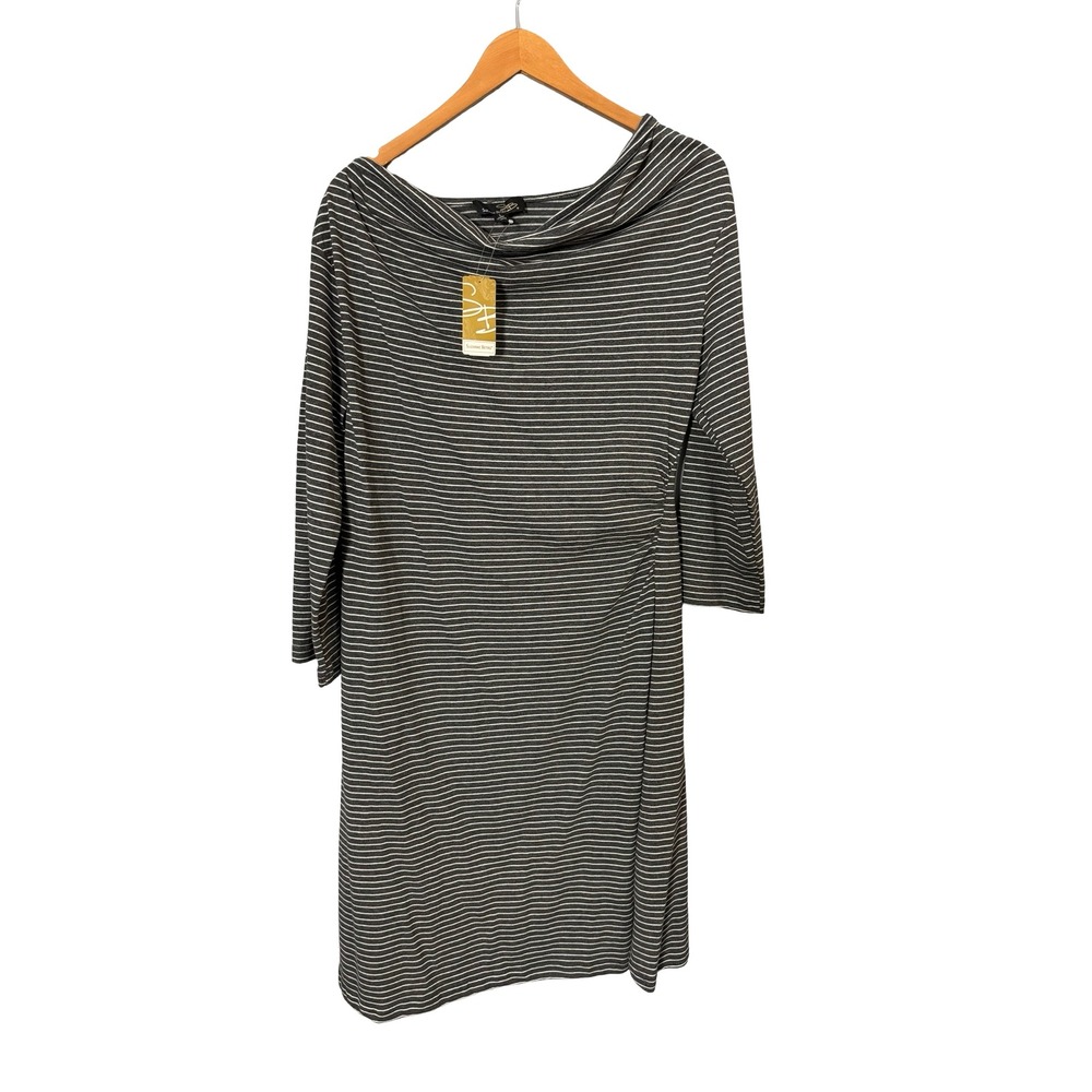 Suzanne Betro Striped Cowl Neck Dress Size Large Grey White Cotton Blend NWT